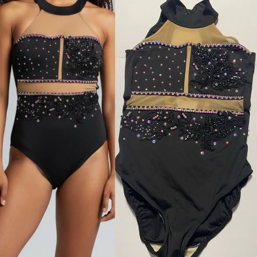 Five 5 Dance costume solo custom black leotard rhinestoned illusion PA XS adult